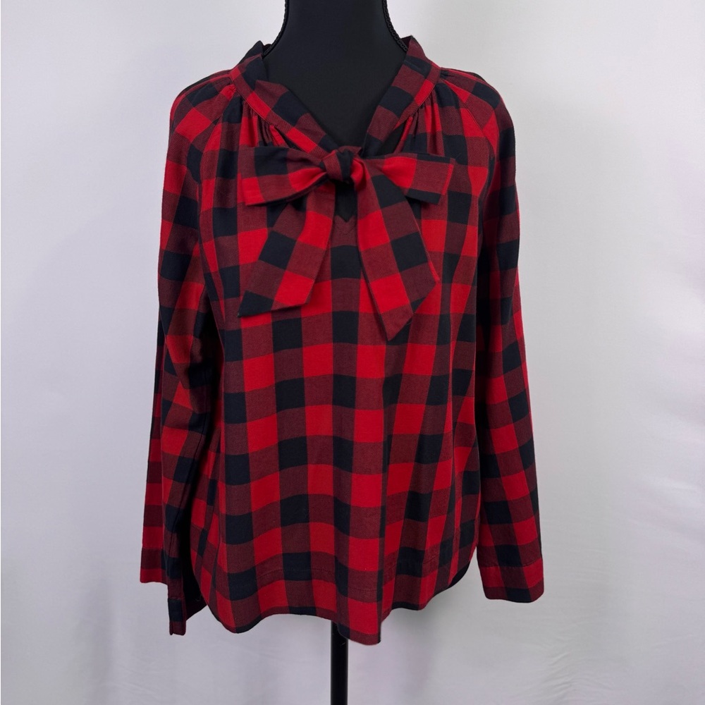 Madewell Red and Black Plaid Bow Blouse - Picture 1 of 8
